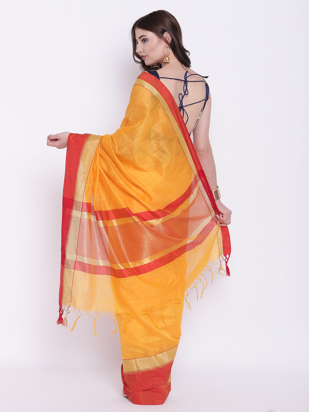 Handloom Cotton Silk Saree with Contrast Borders and Tassels