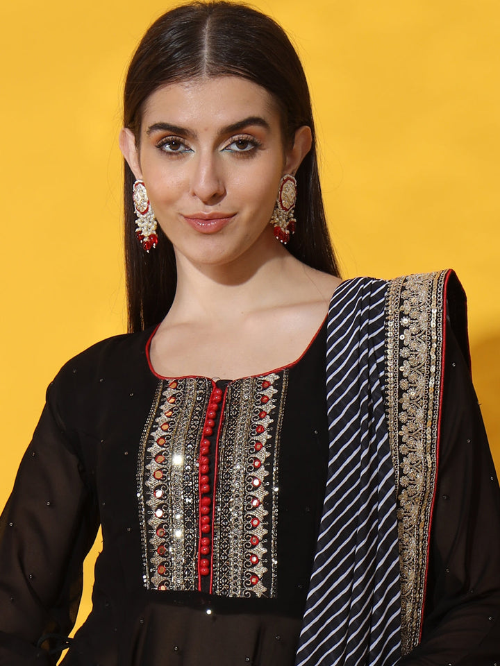 Embellished Nyraa High Slit Georgette Kurta Palazzo & Dupatta