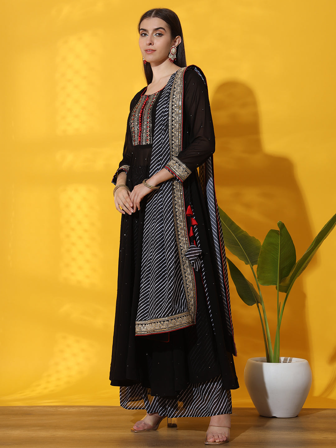 Embellished Nyraa High Slit Georgette Kurta Palazzo & Dupatta