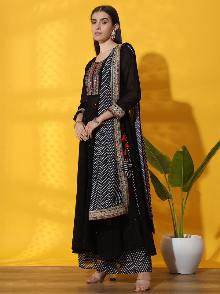 Embellished Nyraa High Slit Georgette Kurta Palazzo & Dupatta