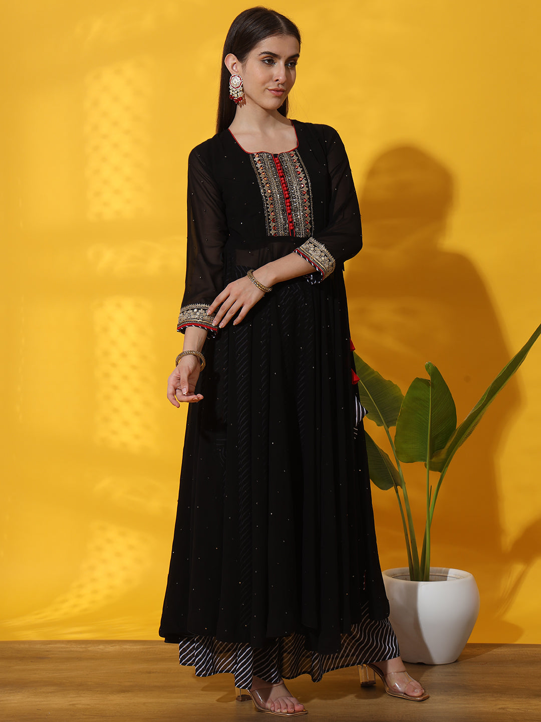 Embellished Nyraa High Slit Georgette Kurta Palazzo & Dupatta