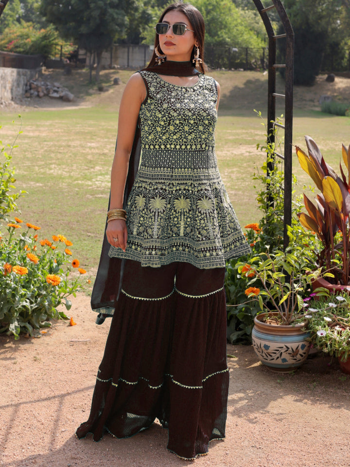 Aari and Sequin Embroidered Peplum Kurta Set with Tiered Sharara
