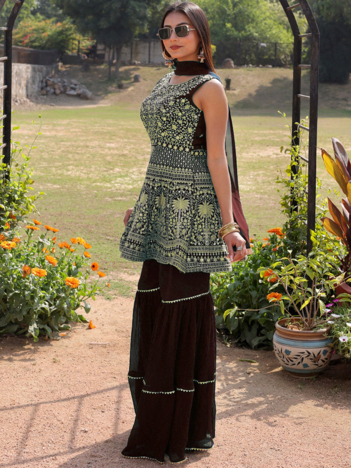 Aari and Sequin Embroidered Peplum Kurta Set with Tiered Sharara