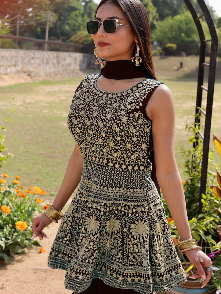 Aari and Sequin Embroidered Peplum Kurta Set with Tiered Sharara