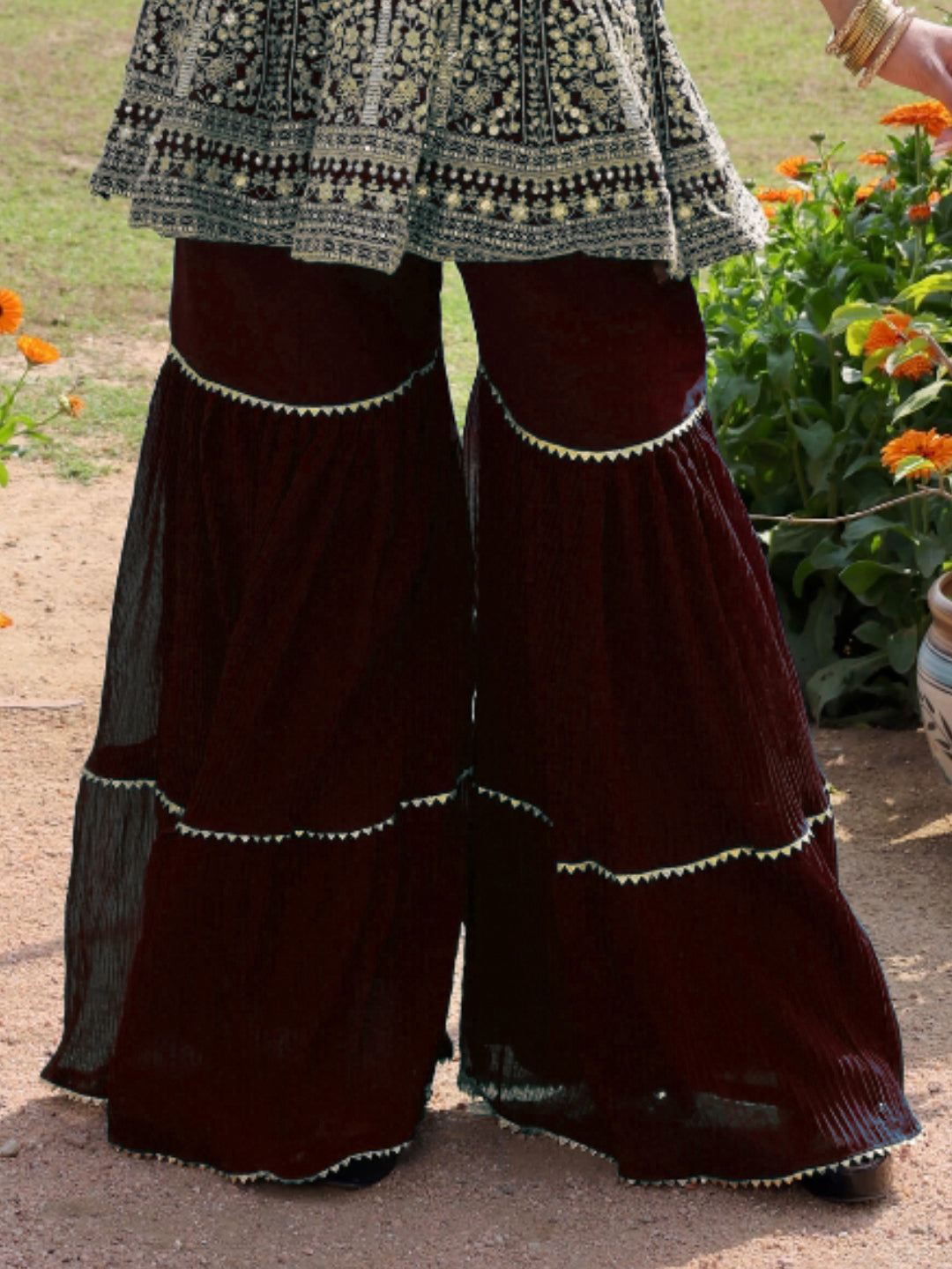 Aari and Sequin Embroidered Peplum Kurta Set with Tiered Sharara