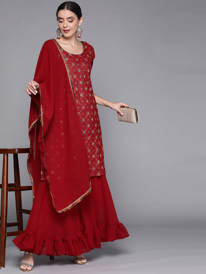 Georgettte Frilled Sharara Set Embellished With Resham Embroidery & Mirror Work, laces