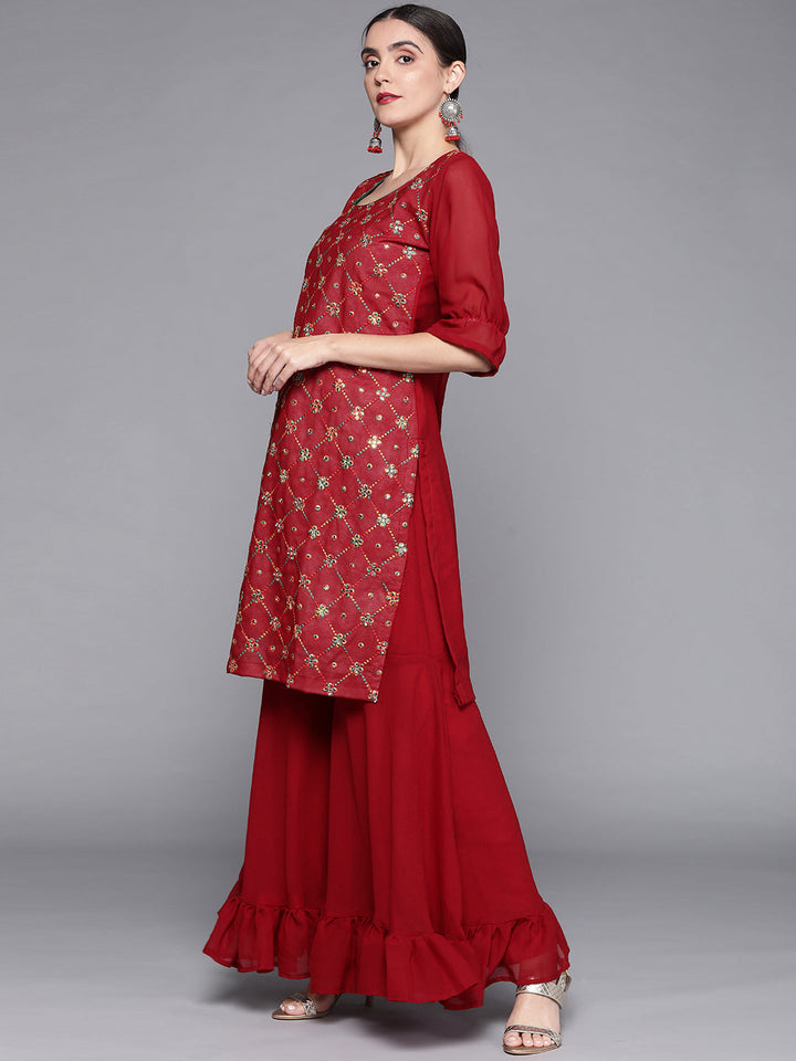 Georgettte Frilled Sharara Set Embellished With Resham Embroidery & Mirror Work, laces