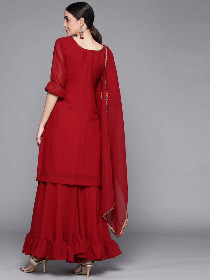 Georgettte Frilled Sharara Set Embellished With Resham Embroidery & Mirror Work, laces