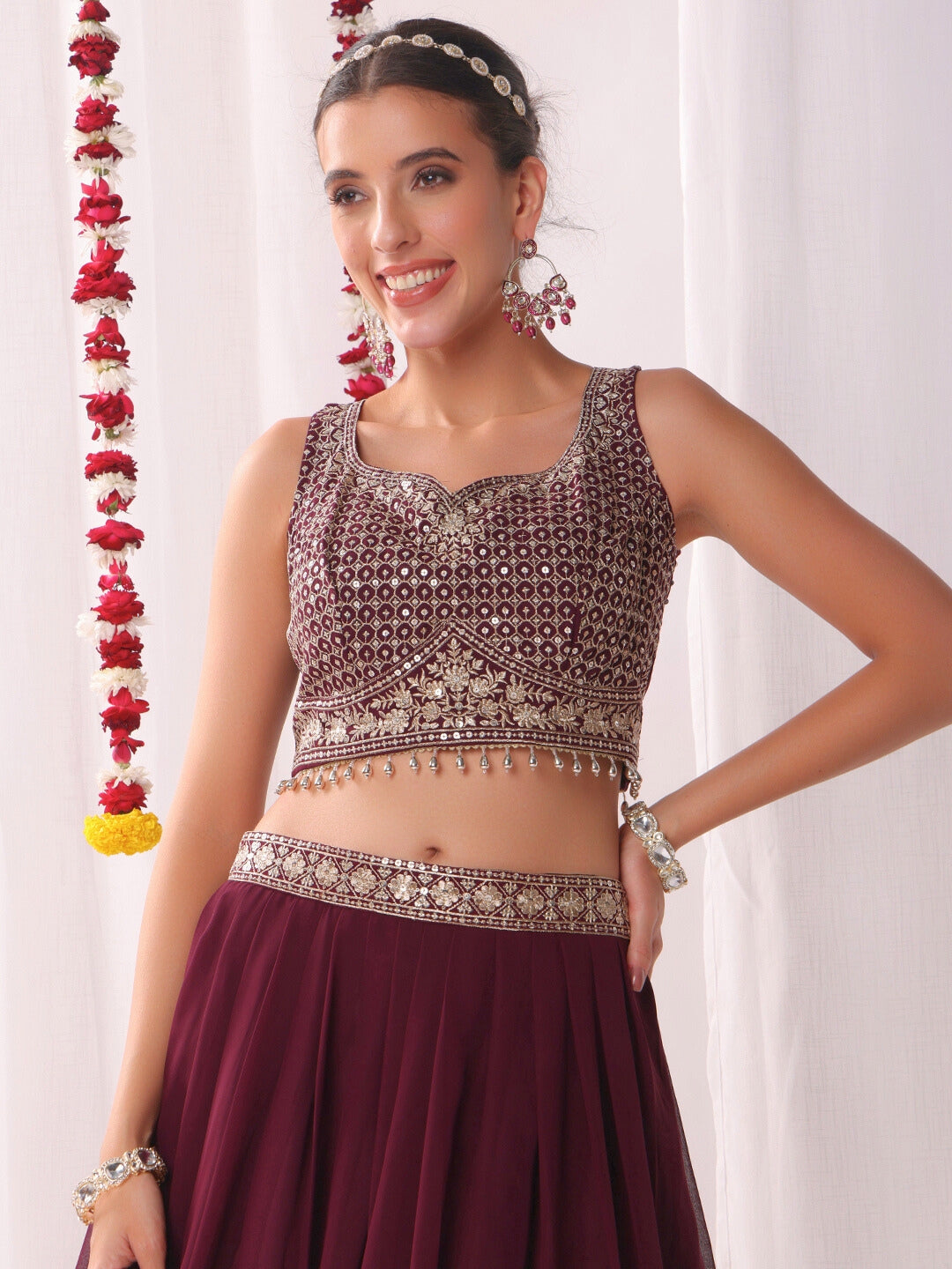 Flared Georgette Lehenga Set wtith Choli Cut Tasseled Bouse & Sequinned Dupatta