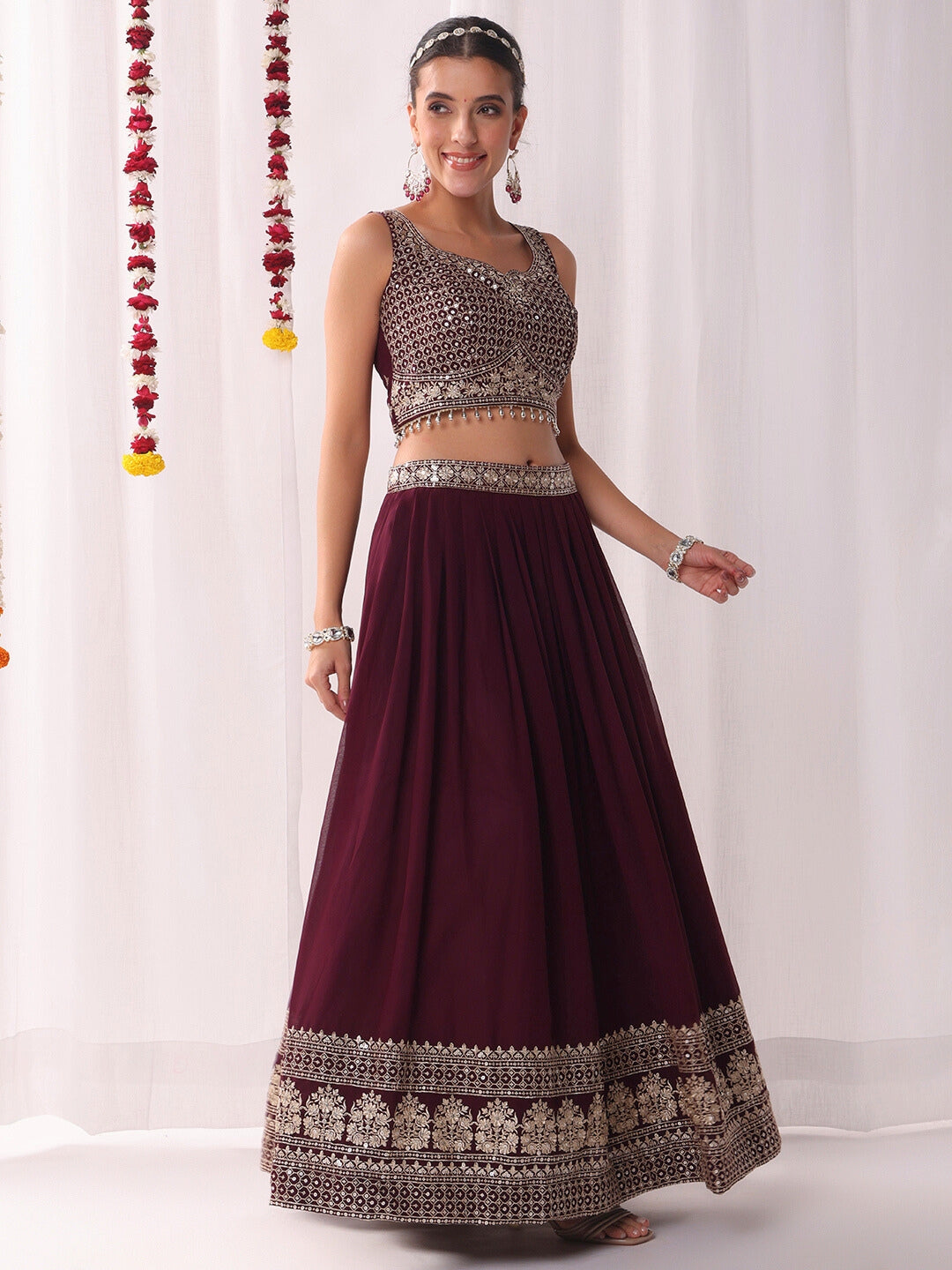 Flared Georgette Lehenga Set wtith Choli Cut Tasseled Bouse & Sequinned Dupatta