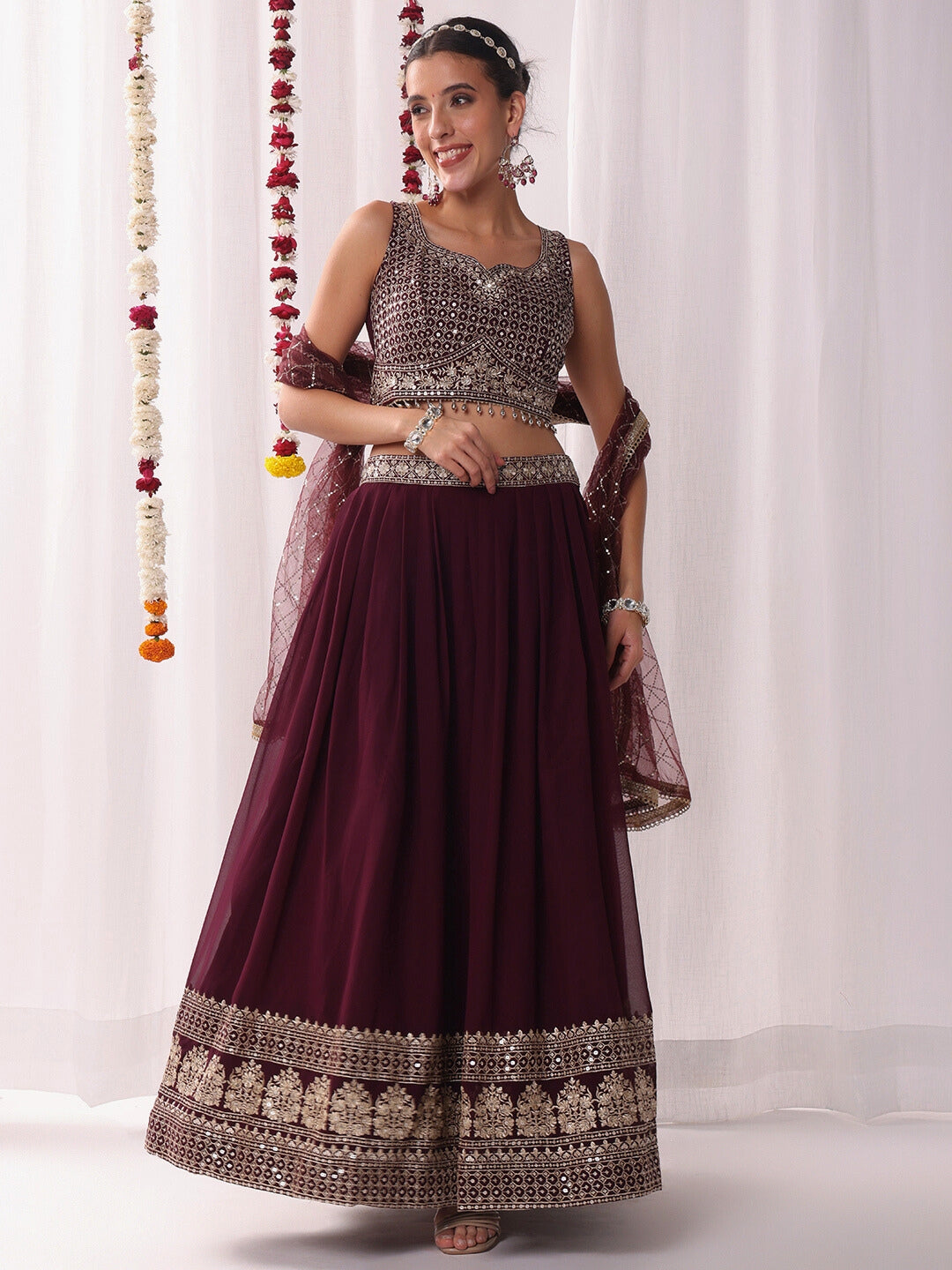 Flared Georgette Lehenga Set wtith Choli Cut Tasseled Bouse & Sequinned Dupatta