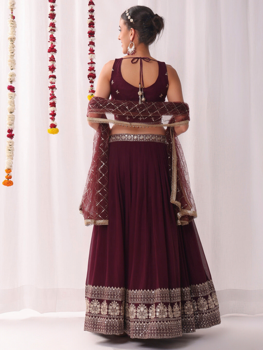 Flared Georgette Lehenga Set wtith Choli Cut Tasseled Bouse & Sequinned Dupatta