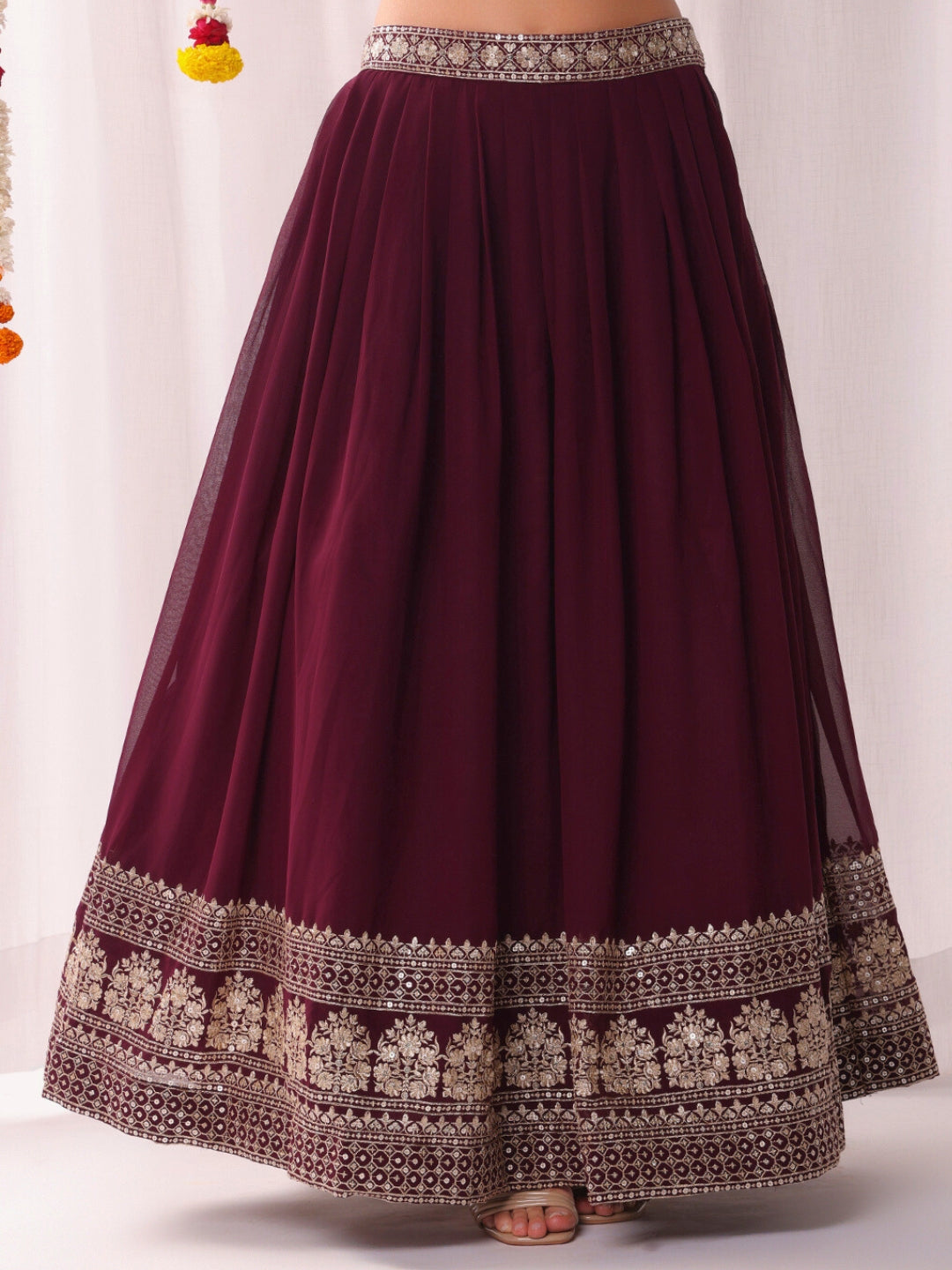 Flared Georgette Lehenga Set wtith Choli Cut Tasseled Bouse & Sequinned Dupatta