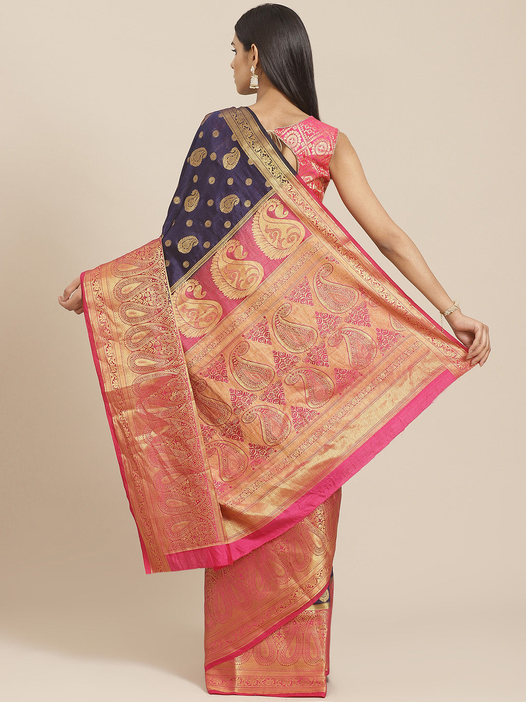 Kanjeevaram Dupion Silk Saree with Gold Zari Weaving in Contrast Paisley Pattern Border