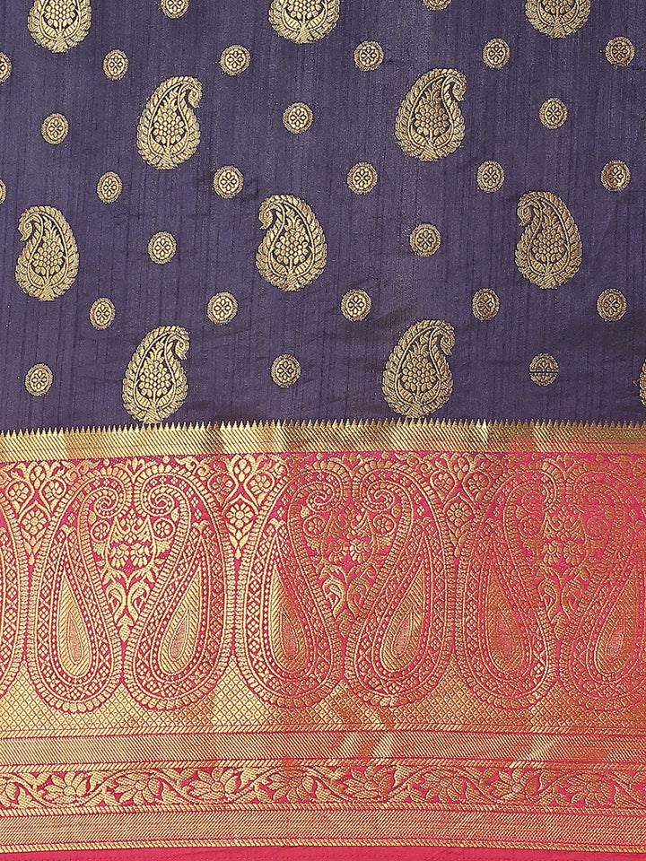 Kanjeevaram Dupion Silk Saree with Gold Zari Weaving in Contrast Paisley Pattern Border