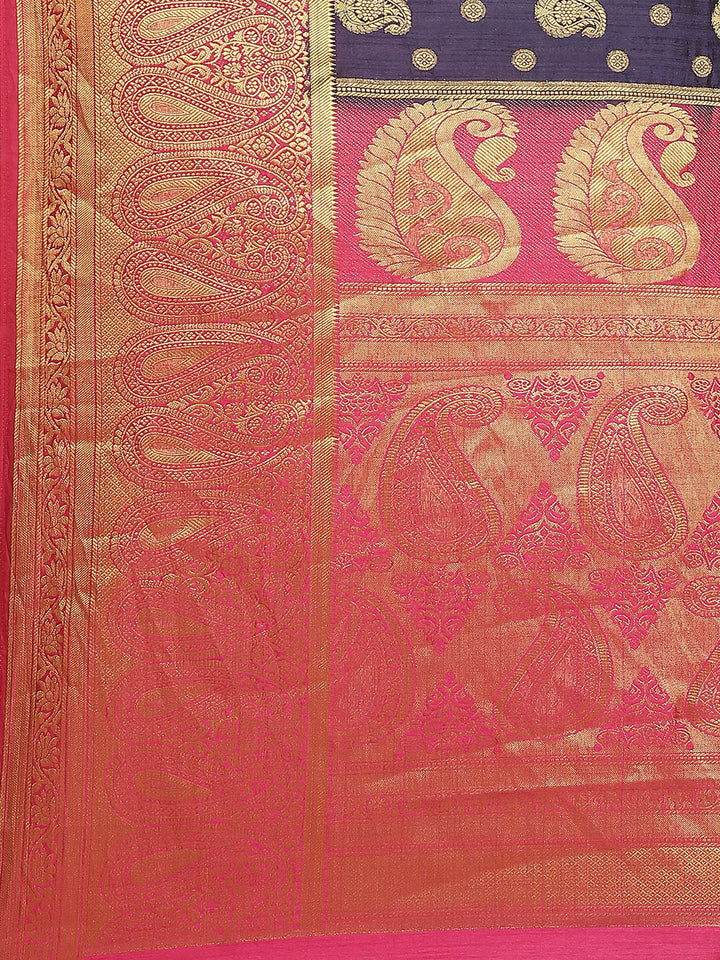 Kanjeevaram Dupion Silk Saree with Gold Zari Weaving in Contrast Paisley Pattern Border
