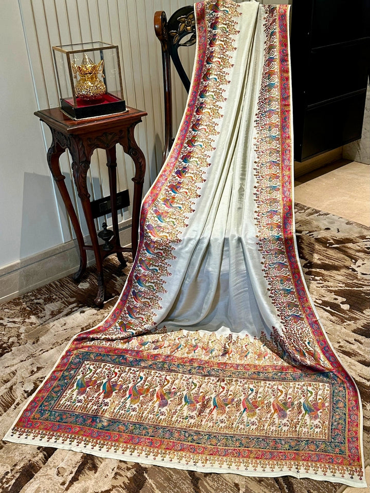 White Multicolor Embroidered Silk Saree