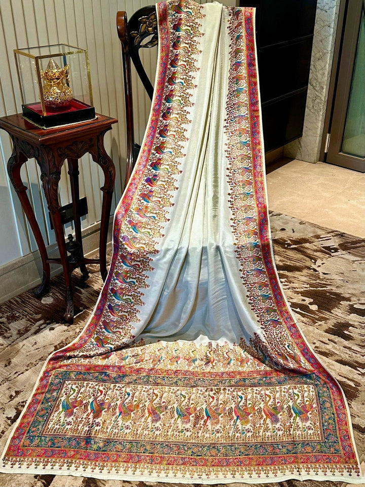 White Multicolor Embroidered Silk Saree