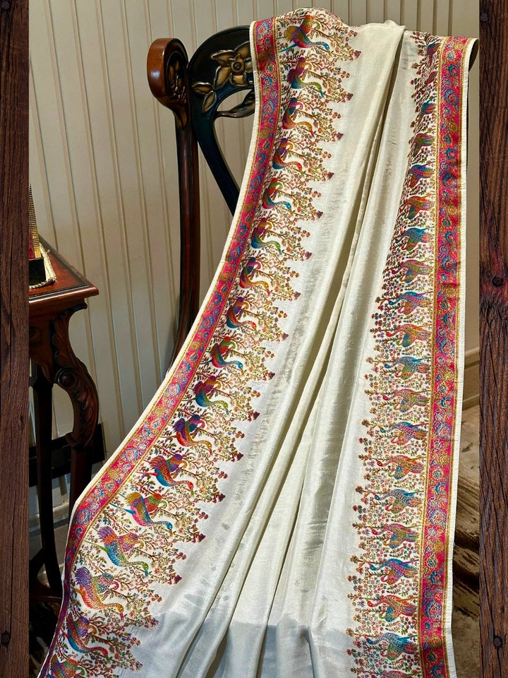 White Multicolor Embroidered Silk Saree