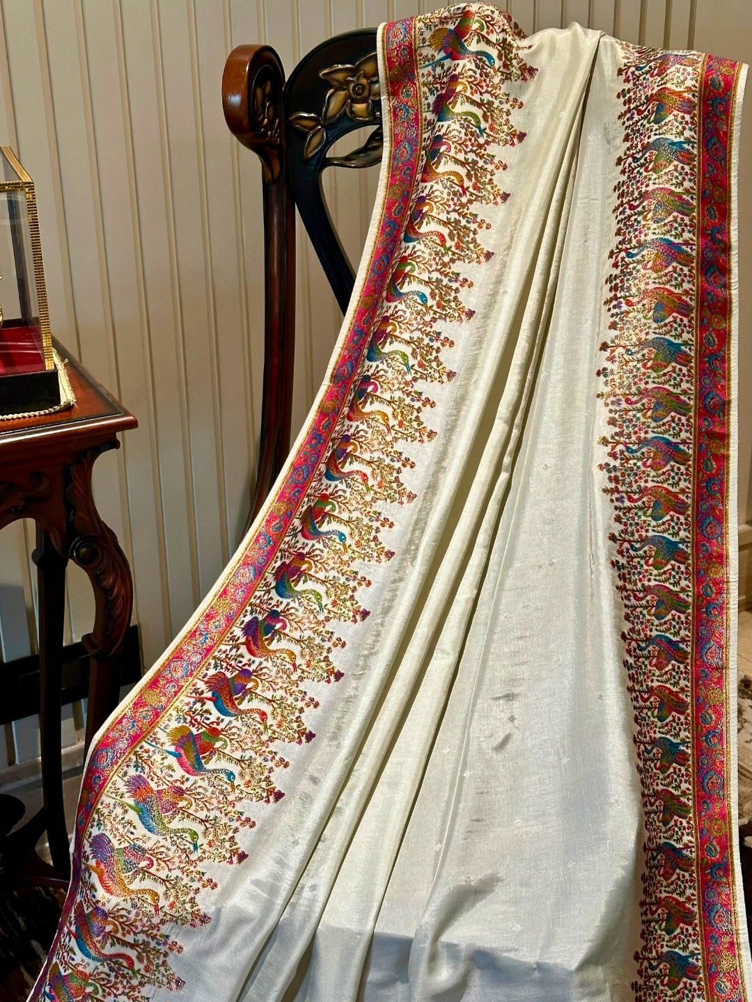 White Multicolor Embroidered Silk Saree