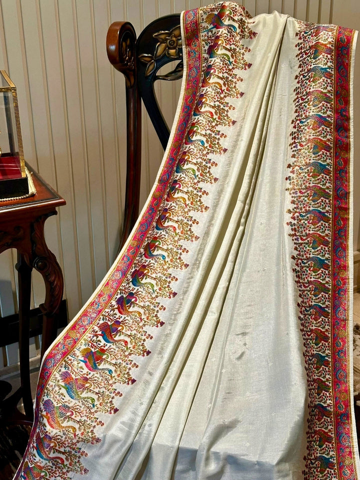 White Multicolor Embroidered Silk Saree