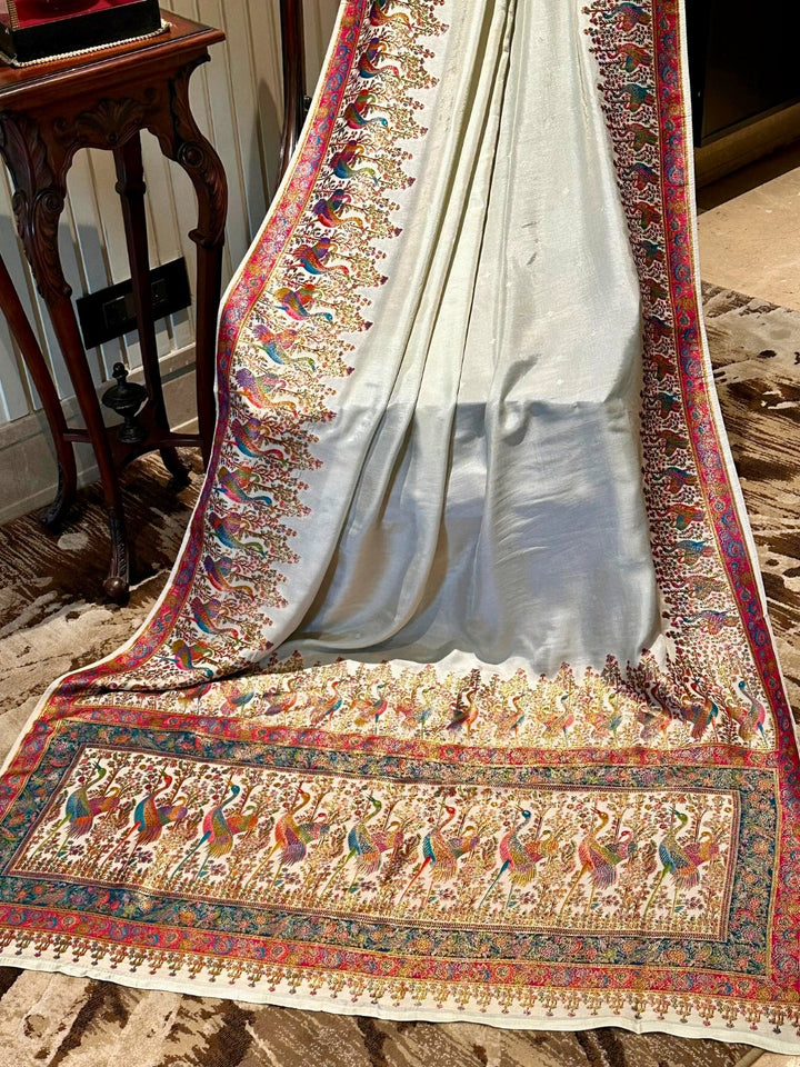 White Multicolor Embroidered Silk Saree