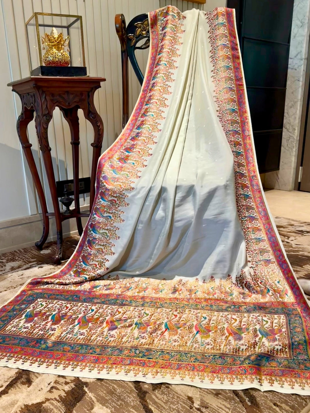 White Multicolor Embroidered Silk Saree
