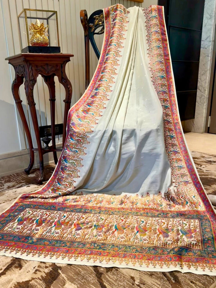 White Multicolor Embroidered Silk Saree