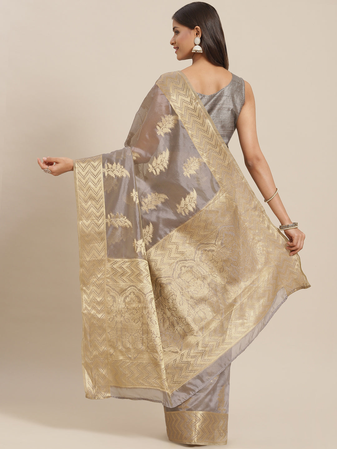 Grey Ethnic Motifs Chanderi Brocade Saree with Woven Border