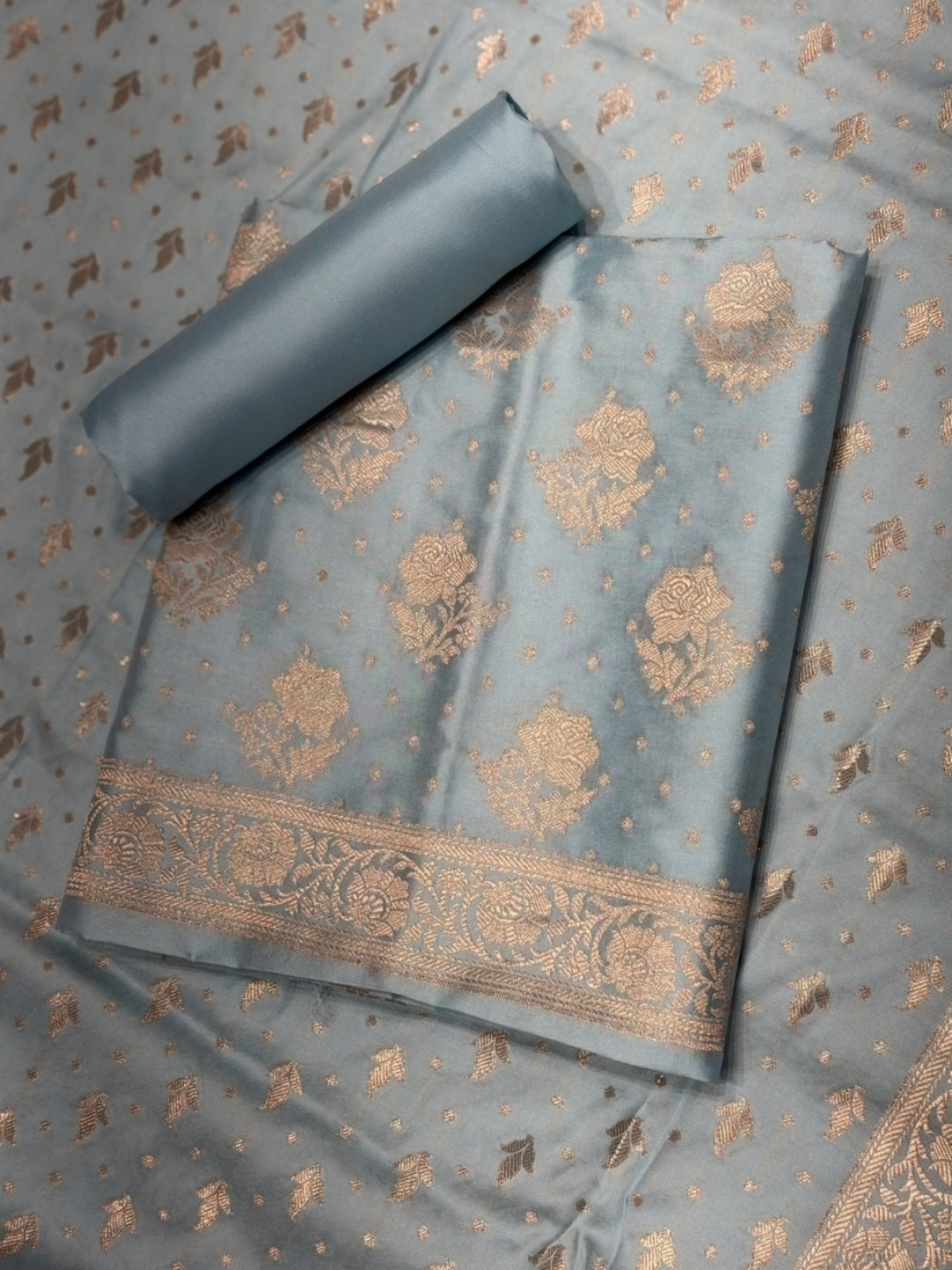 Powder Blue Zari Woven Banarasi Silk Dress Material with Floral Motif Jhalar dupatta
