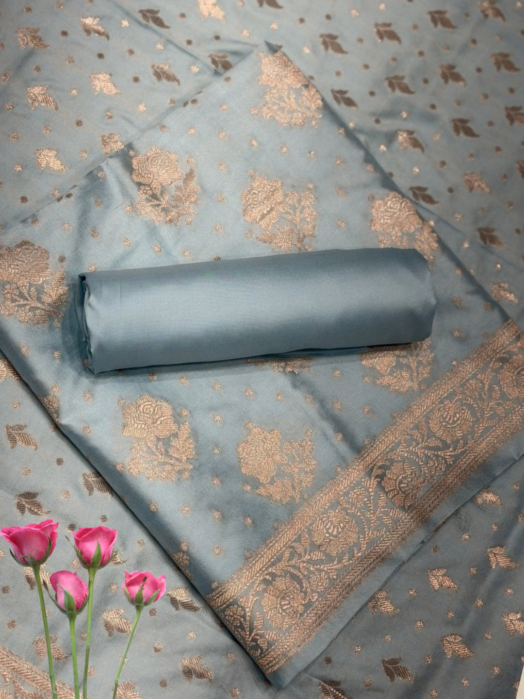 Powder Blue Zari Woven Banarasi Silk Dress Material with Floral Motif Jhalar dupatta