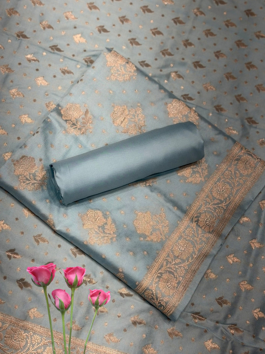 Powder Blue Zari Woven Banarasi Silk Dress Material with Floral Motif Jhalar dupatta
