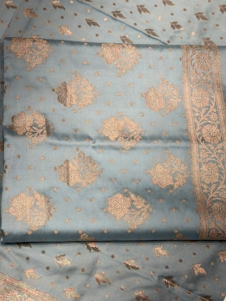 Powder Blue Zari Woven Banarasi Silk Dress Material with Floral Motif Jhalar dupatta