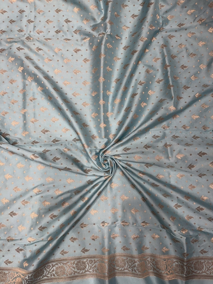 Powder Blue Zari Woven Banarasi Silk Dress Material with Floral Motif Jhalar dupatta
