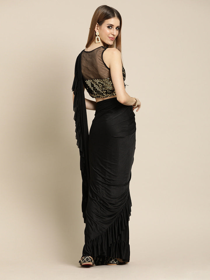 Black Ruffled Draped Pre-Stitched Frills Lycra Saree with Gold Metallic Blouse