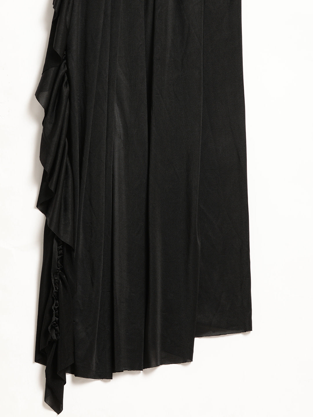 Black Ruffled Draped Pre-Stitched Frills Lycra Saree with Gold Metallic Blouse