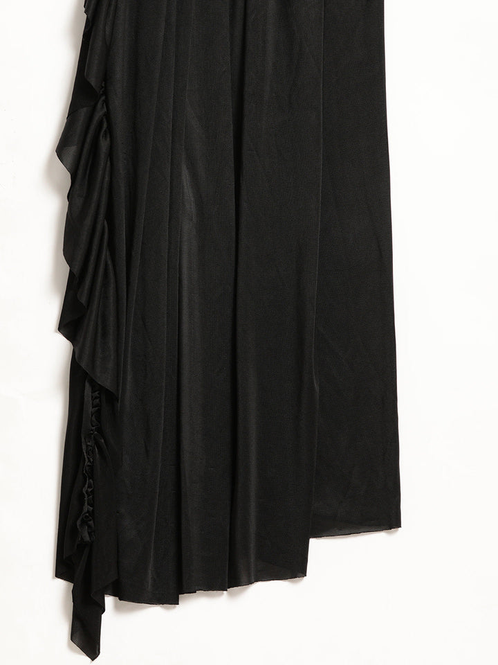 Black Ruffled Draped Pre-Stitched Frills Lycra Saree with Gold Metallic Blouse