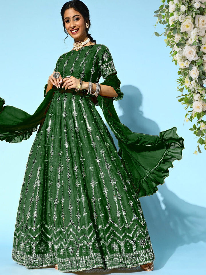 Mirror Embellished Lehenga With Ruffled Blouse & Frills Dupatta