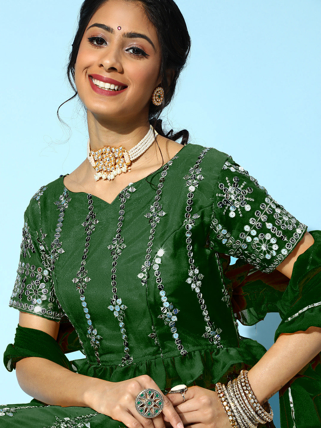 Mirror Embellished Lehenga With Ruffled Blouse & Frills Dupatta