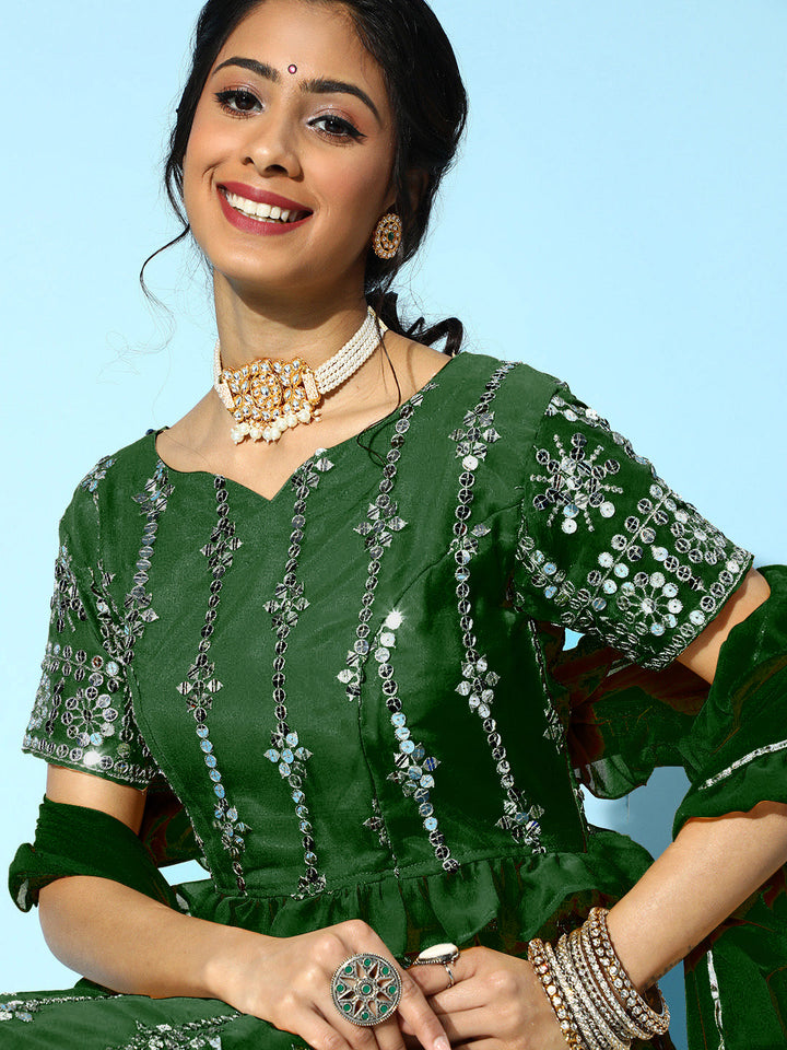 Mirror Embellished Lehenga With Ruffled Blouse & Frills Dupatta