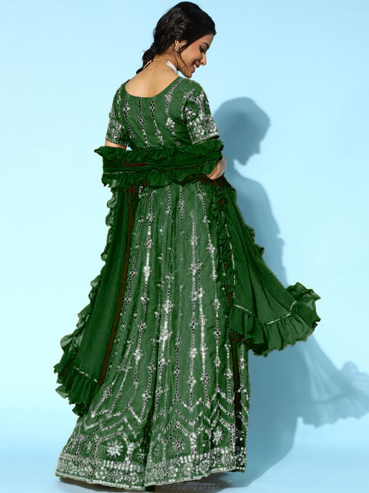Mirror Embellished Lehenga With Ruffled Blouse & Frills Dupatta