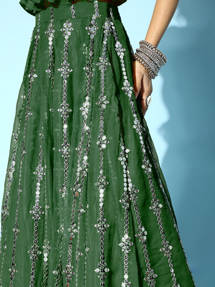 Mirror Embellished Lehenga With Ruffled Blouse & Frills Dupatta