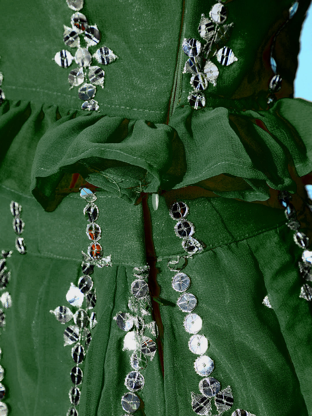 Mirror Embellished Lehenga With Ruffled Blouse & Frills Dupatta