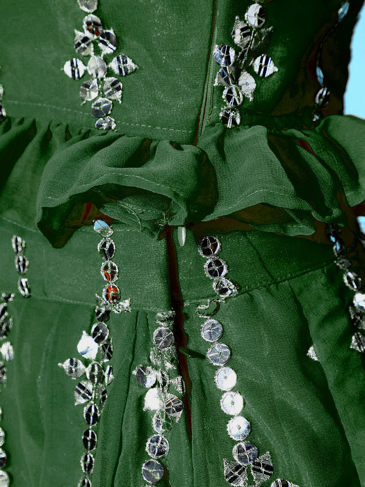Mirror Embellished Lehenga With Ruffled Blouse & Frills Dupatta
