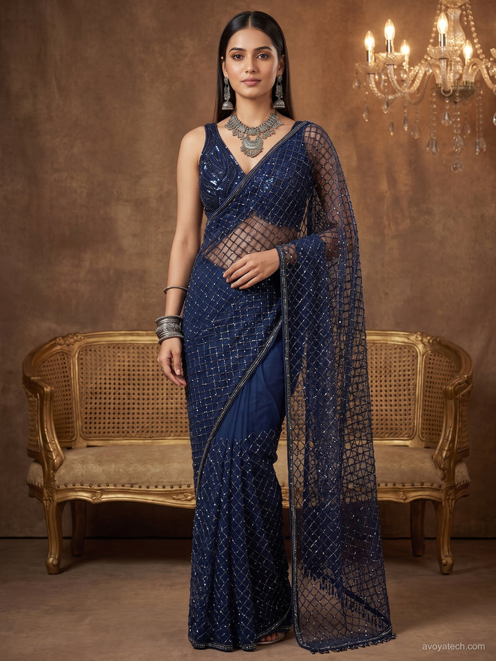 Navy Blue Net Sequin Embroidered Diamond Lattice Saree with Stitched Blouse