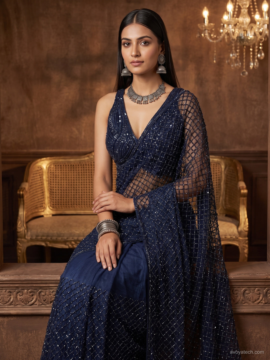 Navy Blue Net Sequin Embroidered Diamond Lattice Saree with Stitched Blouse
