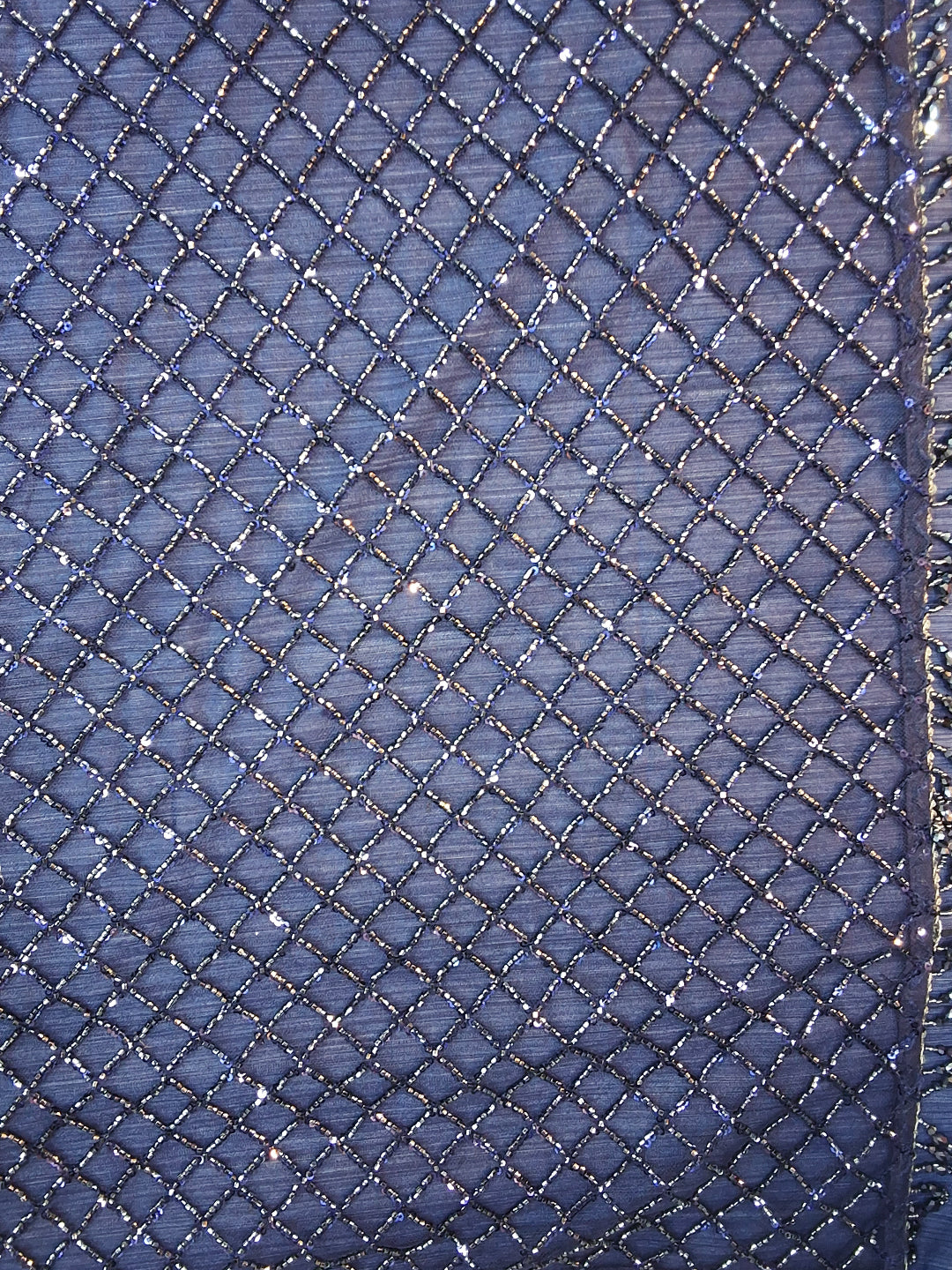 Navy Blue Net Sequin Embroidered Diamond Lattice Saree with Stitched Blouse