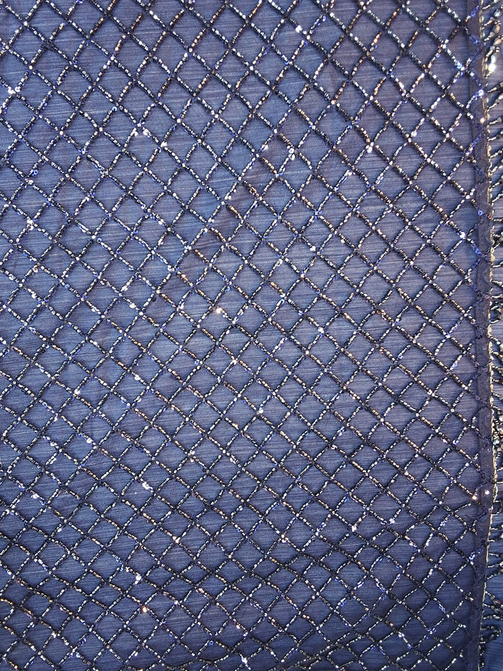 Navy Blue Net Sequin Embroidered Diamond Lattice Saree with Stitched Blouse