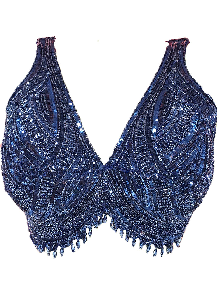 Navy Blue Net Sequin Embroidered Diamond Lattice Saree with Stitched Blouse