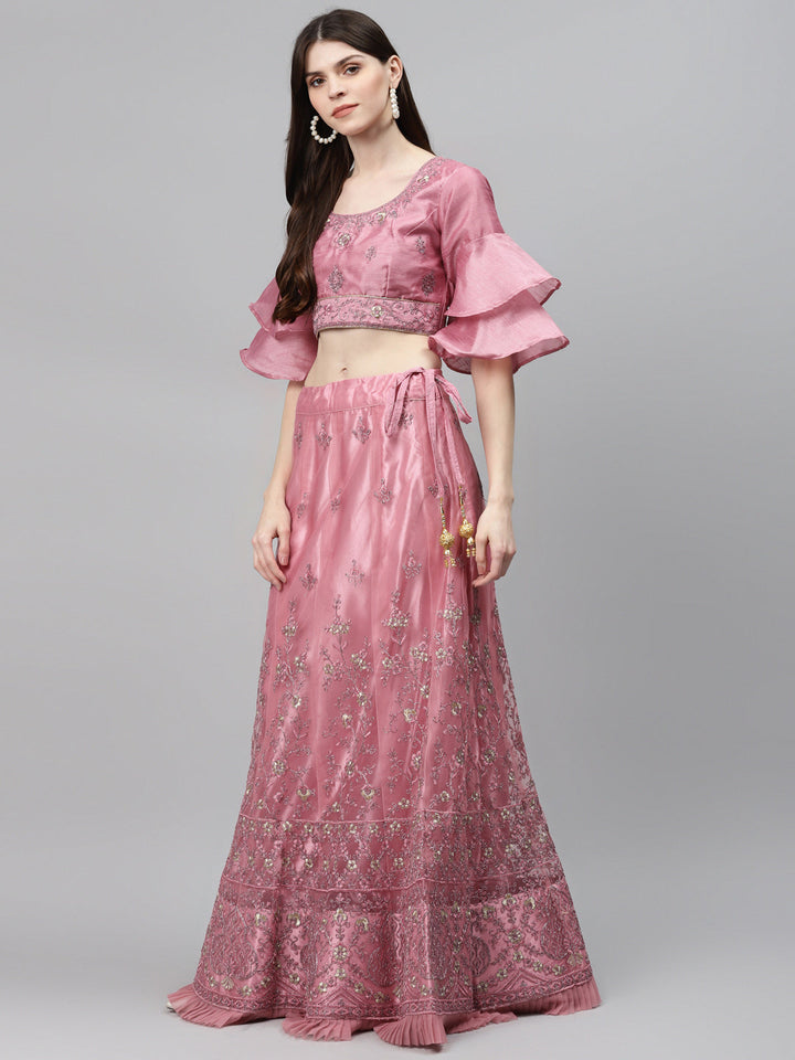 Net Semi-stitched Lehenga Set with Floral Metallic & Resham Embroidery & Frill Hemline